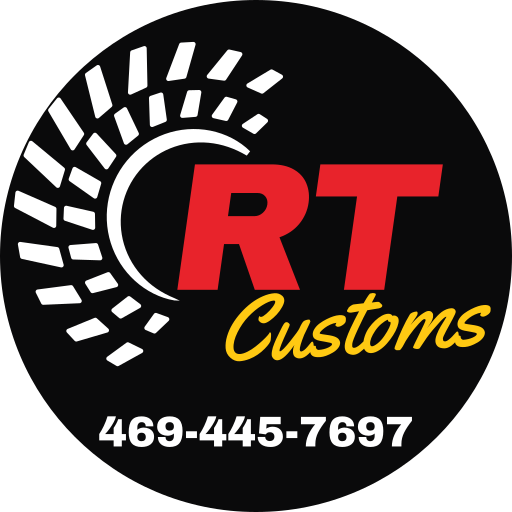 RT Customs logo — red RT with yellow Customs script and tire tread arc